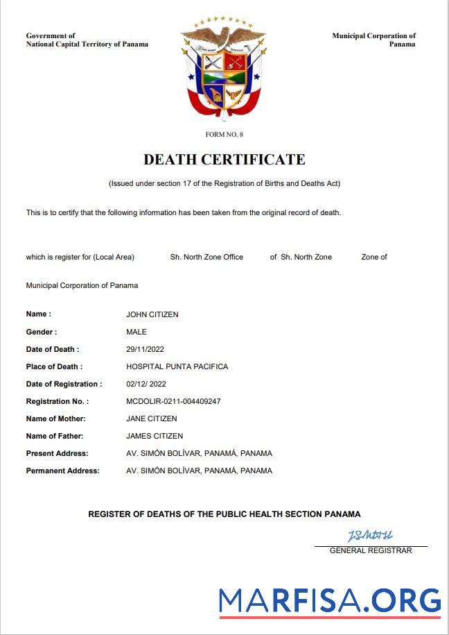 Downloadable Panama death certificate Word and PDF template